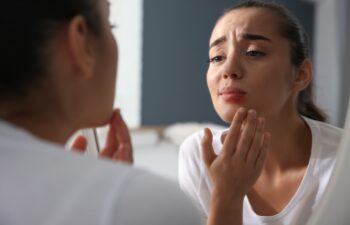 Young woman with herpes on lip looking in mirror at home